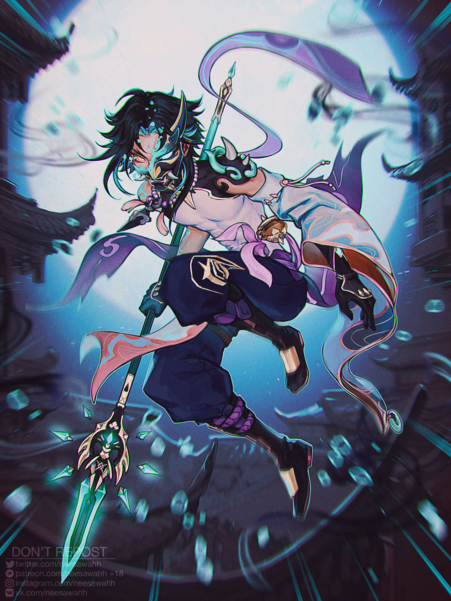 1boy, ahoge, aqua_hair, architecture, arm_tattoo, artist_name, asymmetrical_gloves, bead_necklace