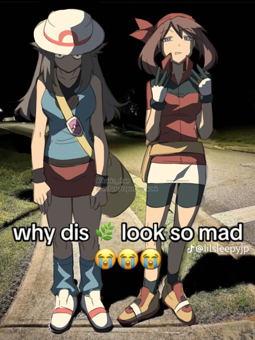 2girls, ariekochan, artist_name, bag, bandana, bare_shoulders, belt_bag, bike_shorts, black_eyes, black_shorts, black_socks, black_wristband, blue_shirt, blue_socks, breasts, brown_footwear, brown_hair, collarbone, collared_shirt, commentary, crying_emoji, emoji, english_commentary, english_text, full_body, grey_eyes, hair_flaps, hands_up, hat, highres, large_breasts, leaf, leaf_(pokemon), long_hair, looking_at_viewer, may_(pokemon), medium_breasts, meme, multiple_girls, night, no_mouth, outdoors, photo-referenced, photo_background, pokemon, pokemon_frlg, pokemon_rse, red_bandana, red_shirt, red_skirt, shade, shadow, shirt, shoes, short_sleeves, shorts, shoulder_bag, sidelighting, sidewalk, skirt, sleeveless, sleeveless_shirt, socks, standing, tiktok_logo, tiktok_username, twitter_username, watermark, white_footwear, white_hat, why_dis_ninja_look_so_mad_(meme), yellow_bag