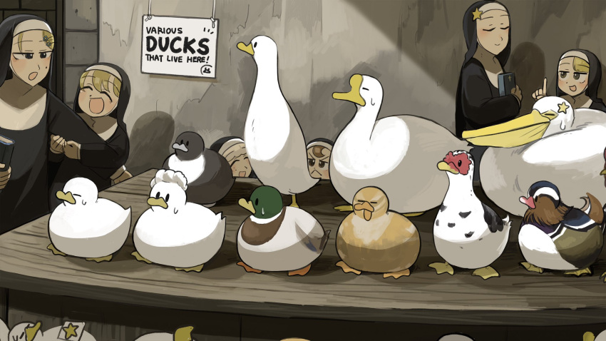 6+girls, :<, :d, bird, blonde_hair, blue_eyes, brown_eyes, brown_hair, chicken, closed_eyes, clumsy_nun_(diva), diva_(hyxpk), duck, english_commentary, froggy_nun_(diva), goose, grey_hair, habit, highres, indian_runner_duck, little_nuns_(diva), mallard, mole, mole_on_cheek, multiple_girls, nun, pelican, sheep_nun_(diva), smile, spicy_nun_(diva), star_nun_(diva), star_ornament, strict_nun_(diva), traditional_nun, yellow_eyes