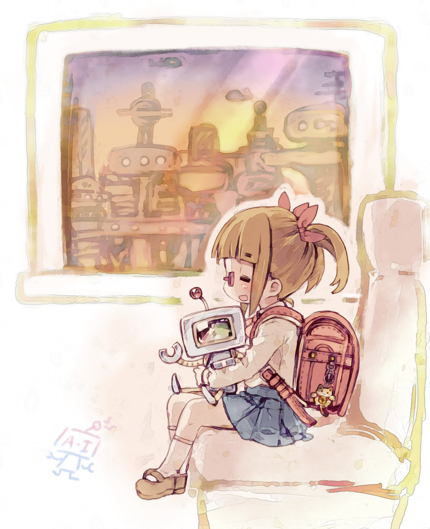 1girl, aged_down, backpack, bag, blue_skirt, blunt_bangs, bow, brown_hair, closed_eyes, hair_bow, highres, idolmaster, idolmaster_cinderella_girls, ikebukuro_akiha, kureudon, long_sleeves, mary_janes, medium_hair, pink_bow, randoseru, robot, shoes, short_twintails, sidelocks, sitting, skirt, socks, train_interior, twintails, window