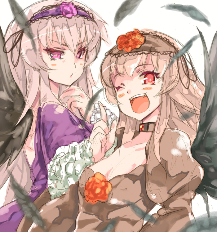 :d, alternate_color, alternate_hair_color, bad_id, blush, dress, dual_persona, fang, feathers, fgsfds, flower, frills, hairband, index_finger_raised, long_hair, multiple_girls, open_mouth, pink_eyes, purple_rose, raised_finger, red_eyes, red_rose, rose, rough, rozen_maiden, sketch, smile, suigintou, umitsuki, white_hair, wings, wink