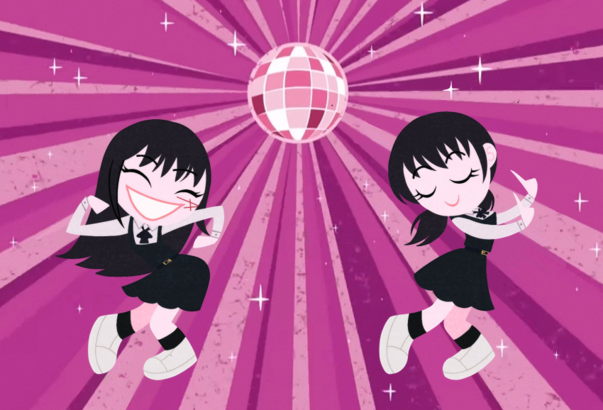 2girls, black_hair, black_socks, bubblemunne, chainsaw_man, closed_eyes, cross_scar, dancing
