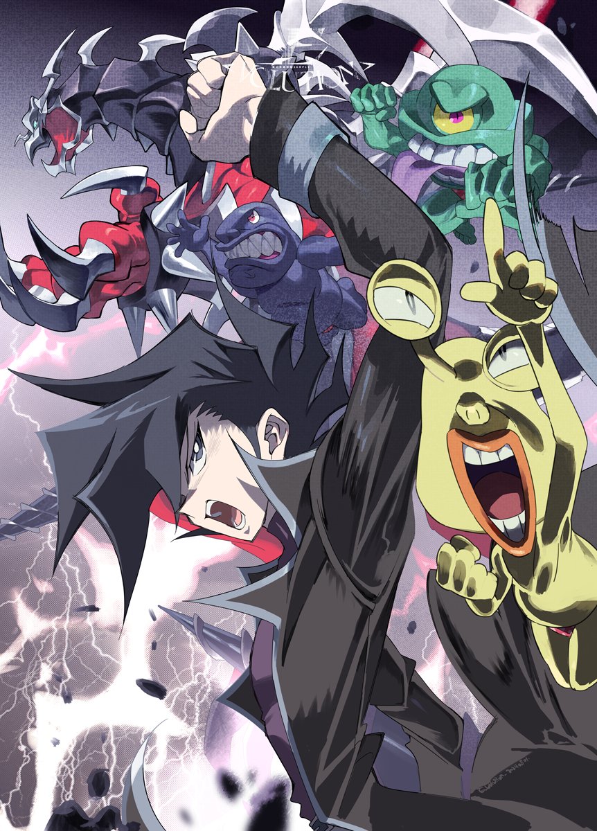 4boys, arm_up, armed_dragon, artist_logo, artist_name, black_coat, black_eyes, black_hair