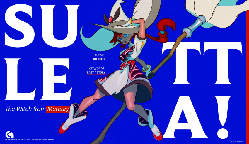 absurdres, belt, blue_background, blue_eyes, breasts, broom, character_name, copyright_name