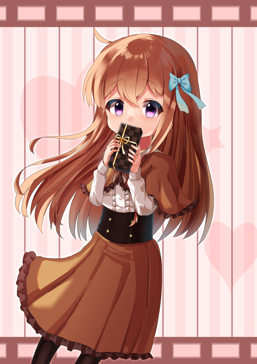 1girl, absurdres, black_pantyhose, blue_bow, bow, brown_capelet, brown_hair, brown_skirt