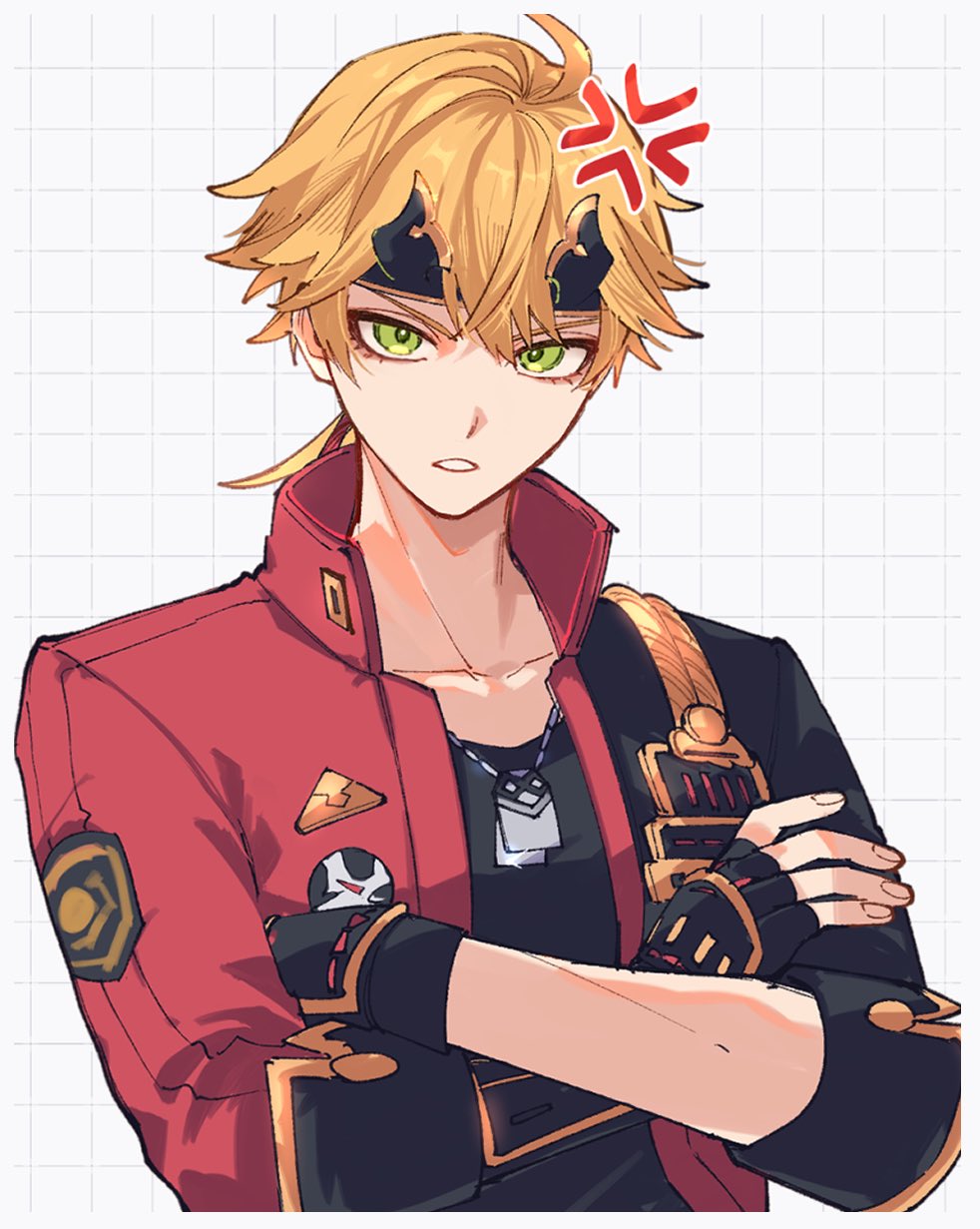 1boy, ahoge, aiguillette, anger_vein, angry, black_gloves, black_shirt, blonde_hair