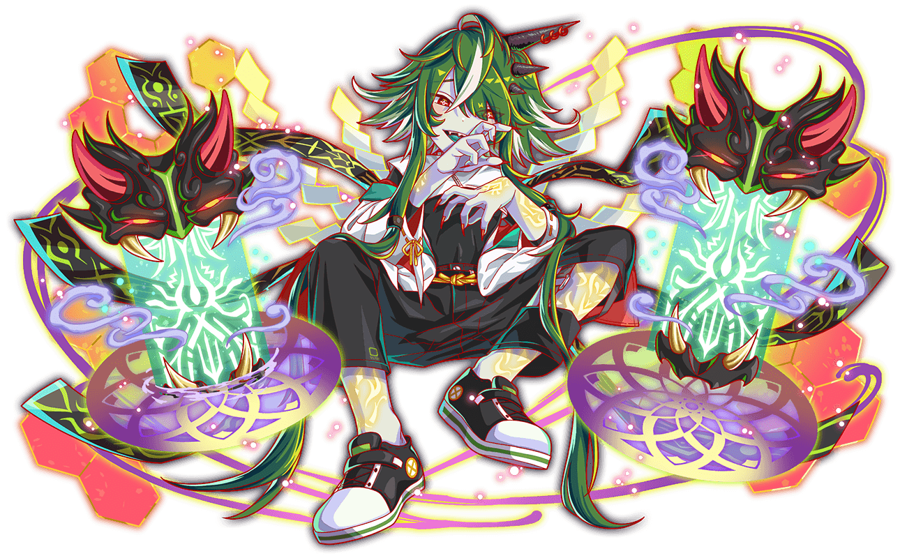 absurdly_long_hair, absurdly_long_sidelocks, ahoge, aqua_tongue, artist_request, black_pants, black_shirt, black_sleeves, blush, cel_shading, collar, collared_shirt, colored_sclera, colored_skin, covered_navel, crash_fever, cross-laced_footwear, detached_sleeves, earrings, fingernails, full_body, game_cg, glowing_skin, grey_hair, hair_between_eyes, hair_tubes, horns, jacket, jewelry, knot, light_particles, long_hair, long_sleeves, looking_at_viewer, low-tied_long_hair, misumi_(crash_fever), multicolored_hair, no_socks, number_print, numbered, official_art, open_mouth, outline, pants, print_pants, red_eyes, red_outline, red_sclera, ribbon-trimmed_sleeves, ribbon_trim, sharp_fingernails, shide, shirt, shoes, sitting, sleeves_past_elbows, smile, smoke, sneakers, solo, square, square_print, streaked_hair, tachi-e, teeth, third-party_source, transparent_background, tri_horns, two-sided_sleeves, two-tone_footwear, upper_teeth_only, very_long_hair, white_collar, white_hair, white_jacket, white_skin, white_sleeves, wide_sleeves, yellow_eyes