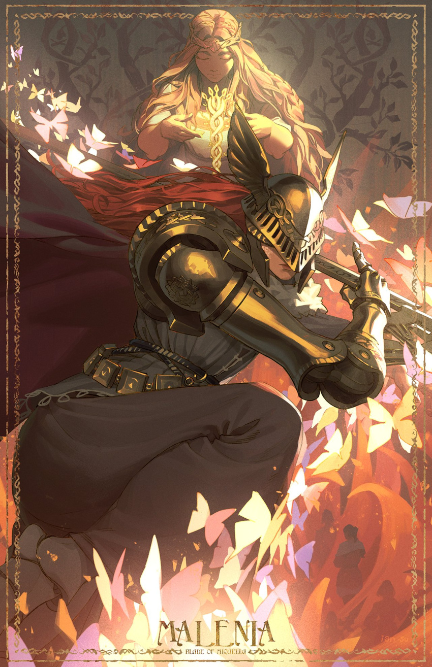 1boy, 1girl, amputee, armor, braid, brother_and_sister, cape, covered_eyes
