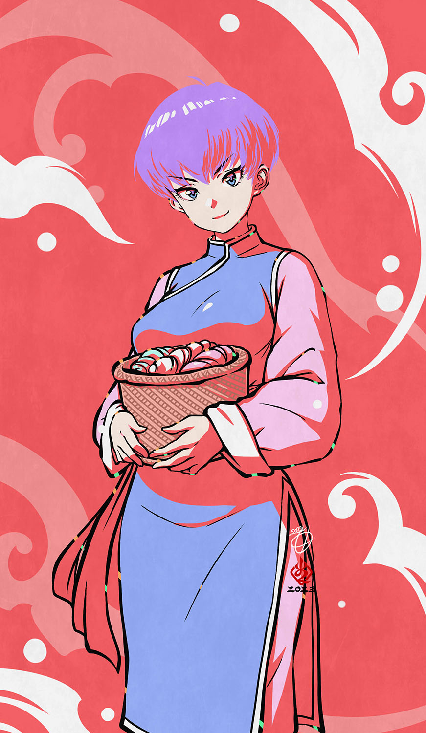 1girl, basket, blue_eyes, breasts, chinese_clothes, closed_mouth, commentary_request, dragon_ball