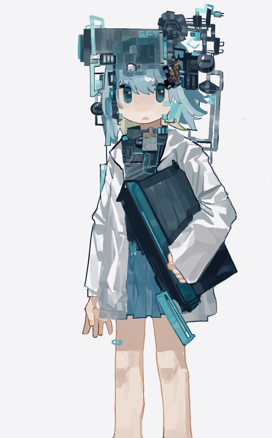 1girl, abstract, aqua_eyes, aqua_hair, blue_skirt, cable, circuit_board, computer_chip, cropped_legs, electric_plug, fingernails, grey_shirt, highres, holding, jacket, knees, looking_at_viewer, lu_ren_(scotuer), no_nose, open_mouth, original, pleated_skirt, shirt, simple_background, skirt, white_background, white_jacket