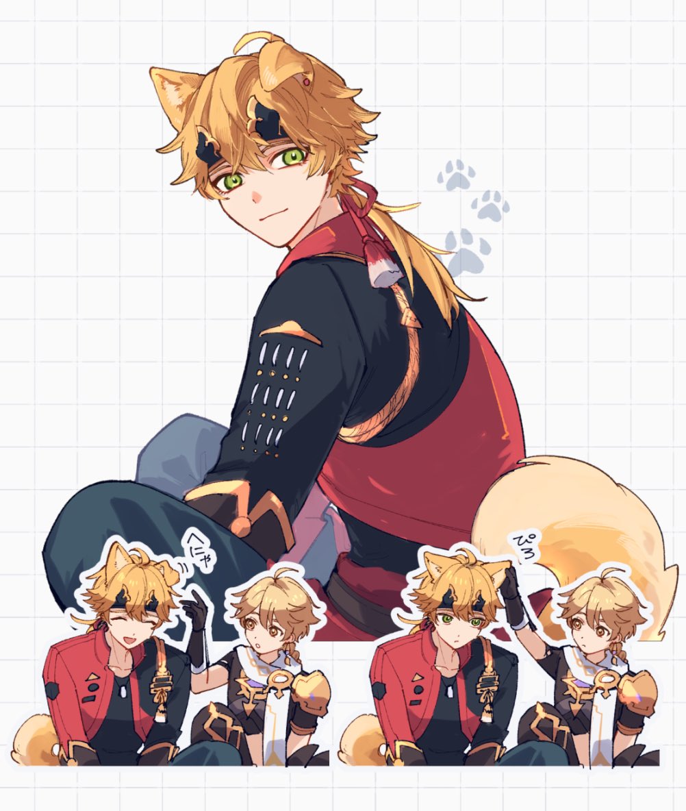 2boys, :d, :o, ^_^, aether_(genshin_impact), ahoge, aiguillette, animal_ear_fluff