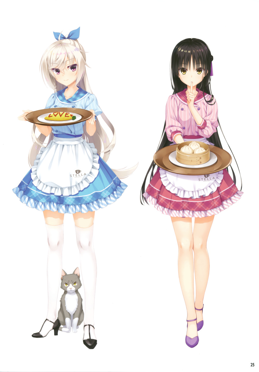 2girls, absurdres, ahoge, akizuki_kanna, apron, baozi, between_legs, black_footwear