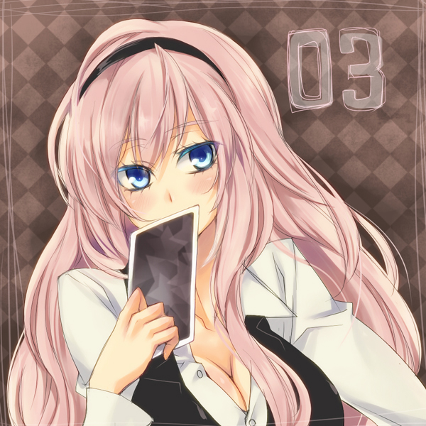 blue_eyes, blush, card, grey_card, hairband, headband, holding, holding_card