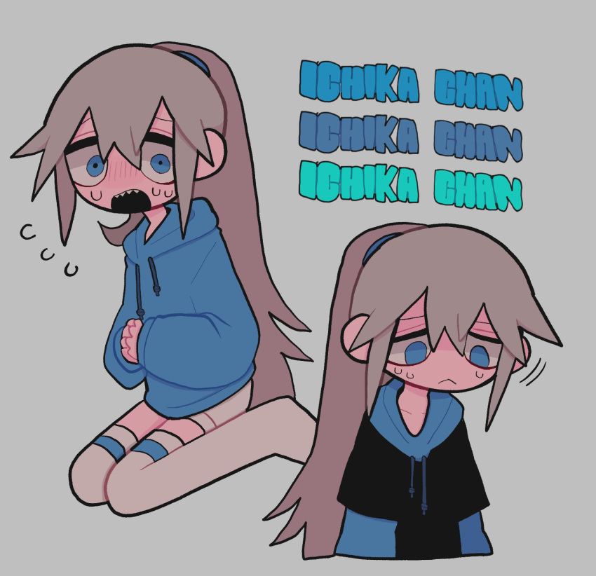 1girl, :<, black_hoodie, blue_eyes, blue_hoodie, blue_sleeves, empty_eyes, frown
