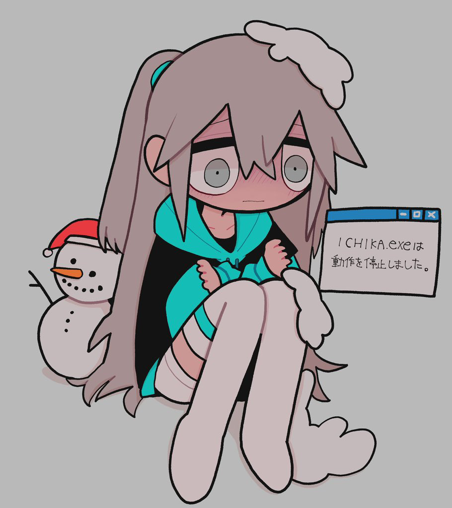 1girl, aqua_sleeves, black_hoodie, blush, character_name, closed_mouth, collarbone, grey_background
