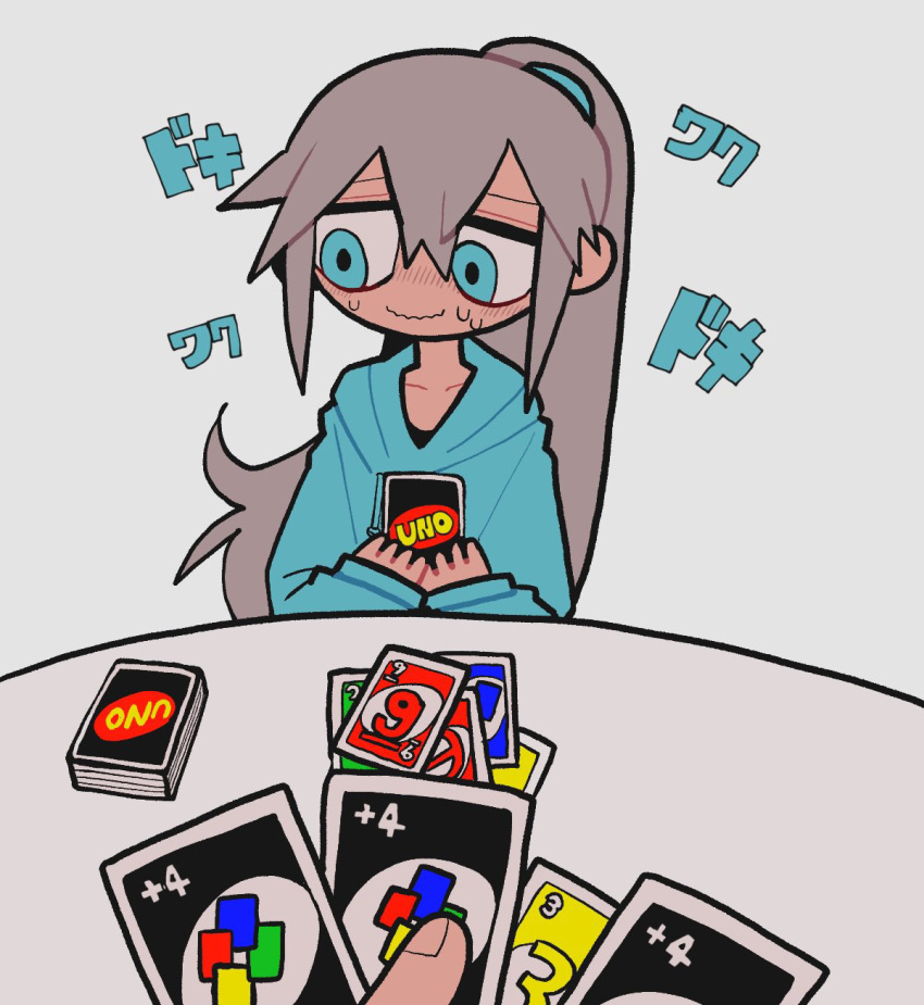 1girl, 1other, aqua_eyes, aqua_hoodie, board_game, card, card_game, closed_mouth