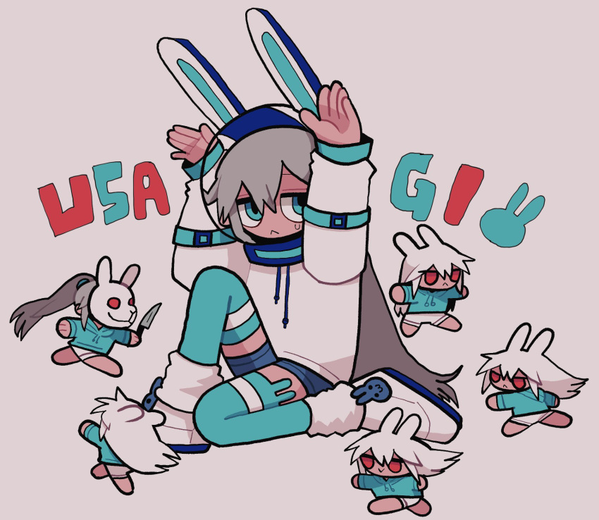 1girl, :<, alternate_eye_color, alternate_hair_color, alternate_hairstyle, animal_ears, aqua_eyes, aqua_thighhighs