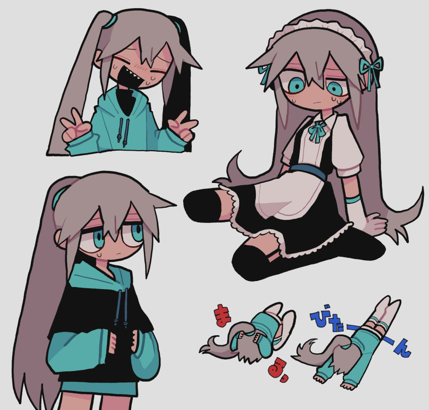 1girl, alternate_costume, alternate_hairstyle, apron, aqua_eyes, aqua_hoodie, aqua_ribbon, aqua_sleeves