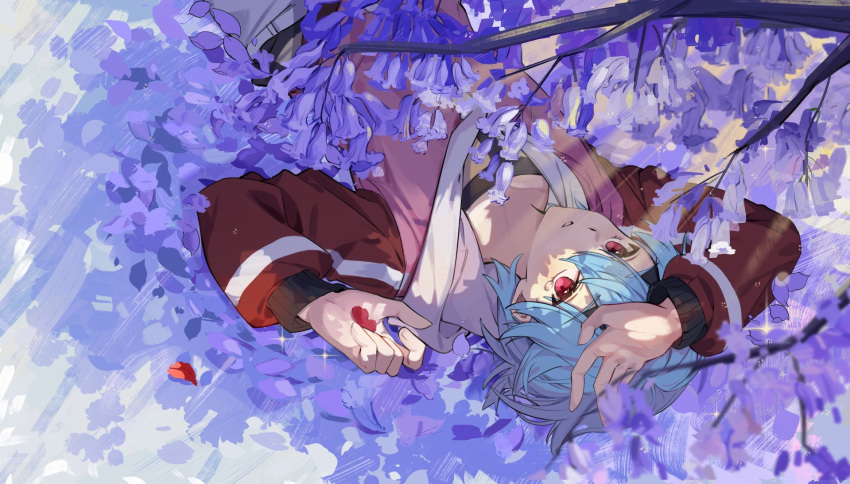 1boy, blue_hair, branch, commentary_request, flower, from_above, hair_between_eyes, highres