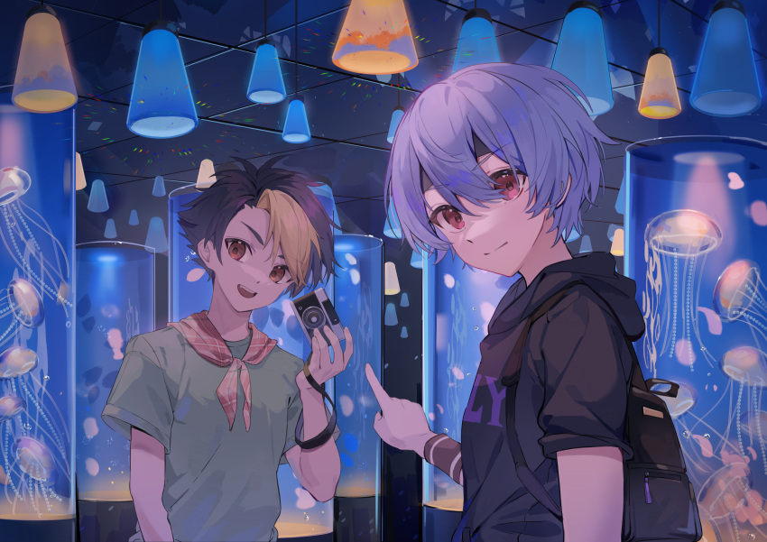 2boys, absurdres, aquarium, backpack, bag, black_hair, black_shirt, blonde_hair