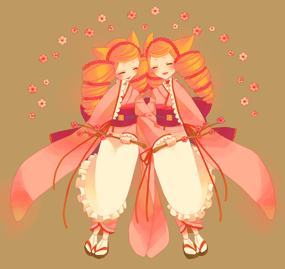 animal_ears, apron, beads, bitikara, blonde_hair, blush, bonbori, branch