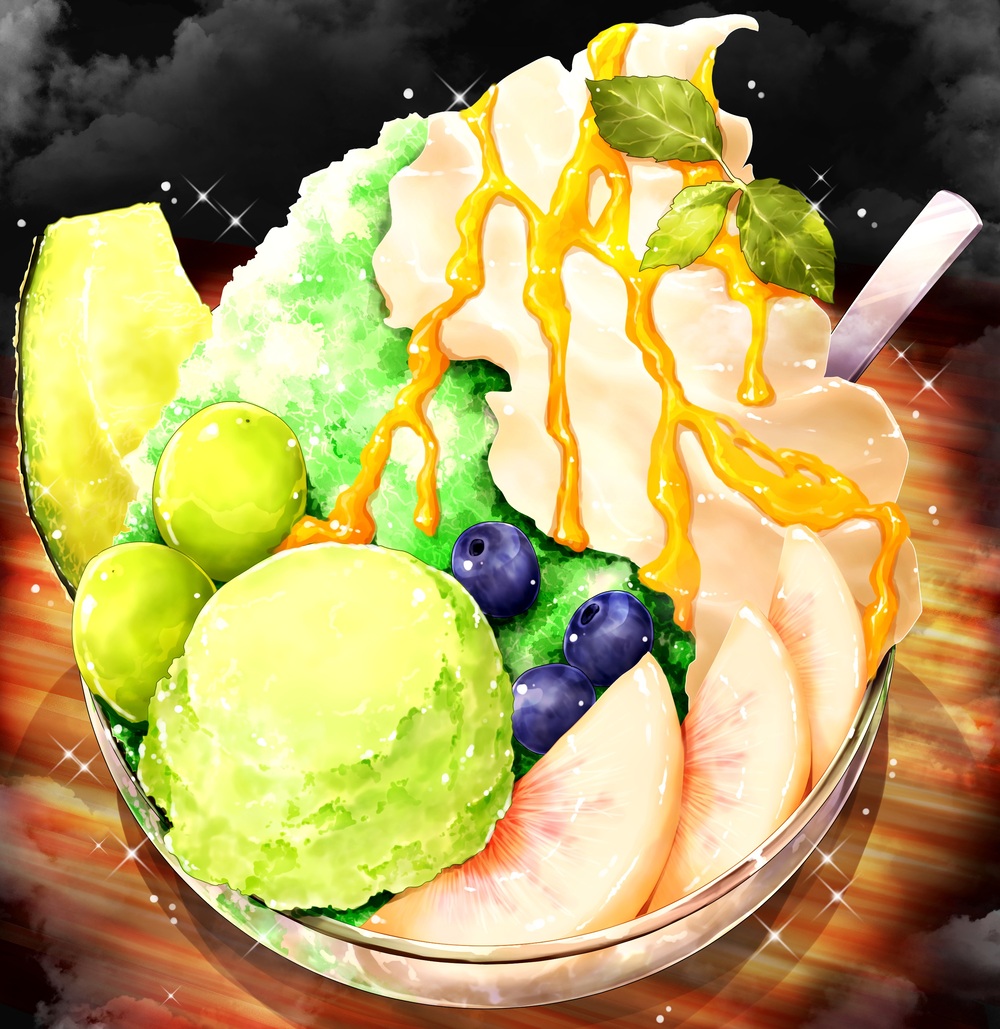 blueberry, bowl, food, food_focus, fruit, ice_cream, melon, melon_slice