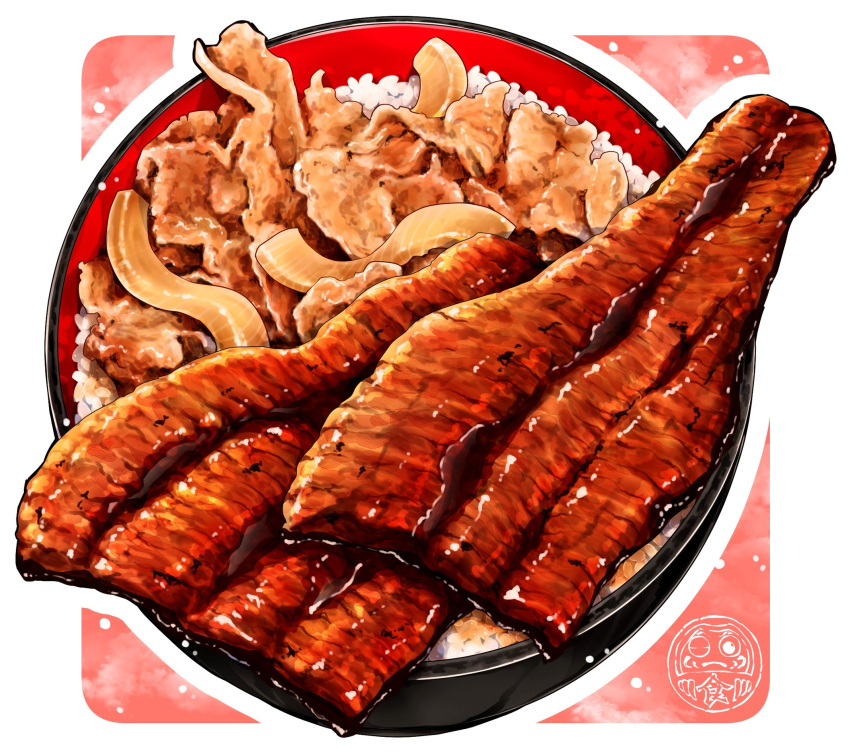 artist_logo, beef, fish_(food), food, food_focus, grilled_eel, highres, no_humans