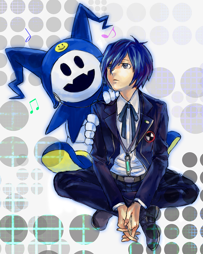 blue_eyes, blue_hair, digital_media_player, jack_frost, male, persona, persona_3, ribbon
