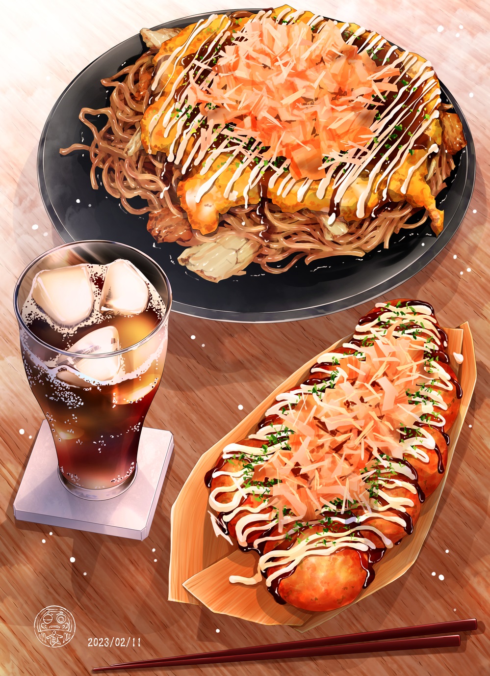 artist_logo, chopsticks, coaster, commentary_request, cup, dated, drinking_glass, food