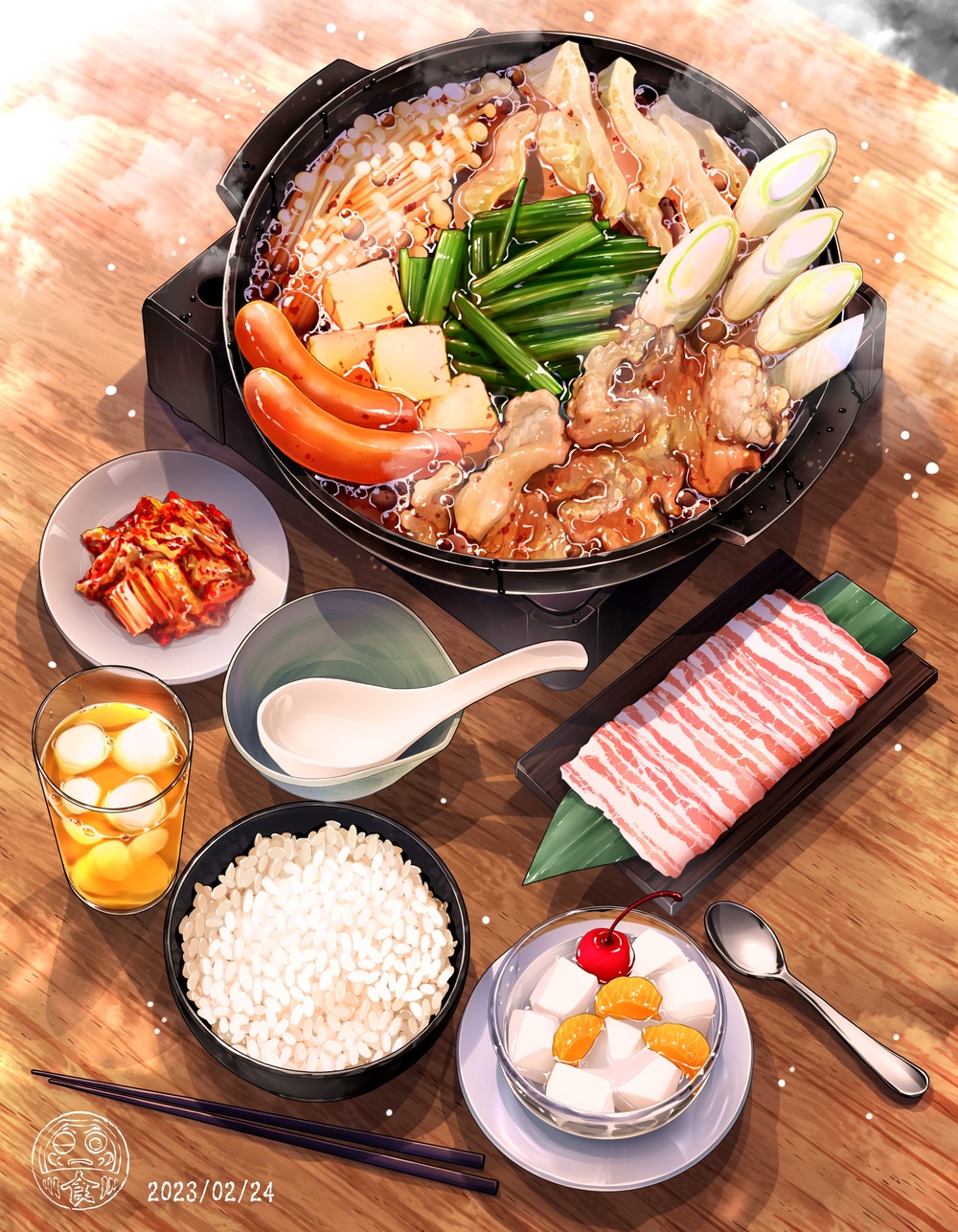 artist_logo, bowl, cherry, chinese_spoon, chopsticks, commentary_request, cooking, cup