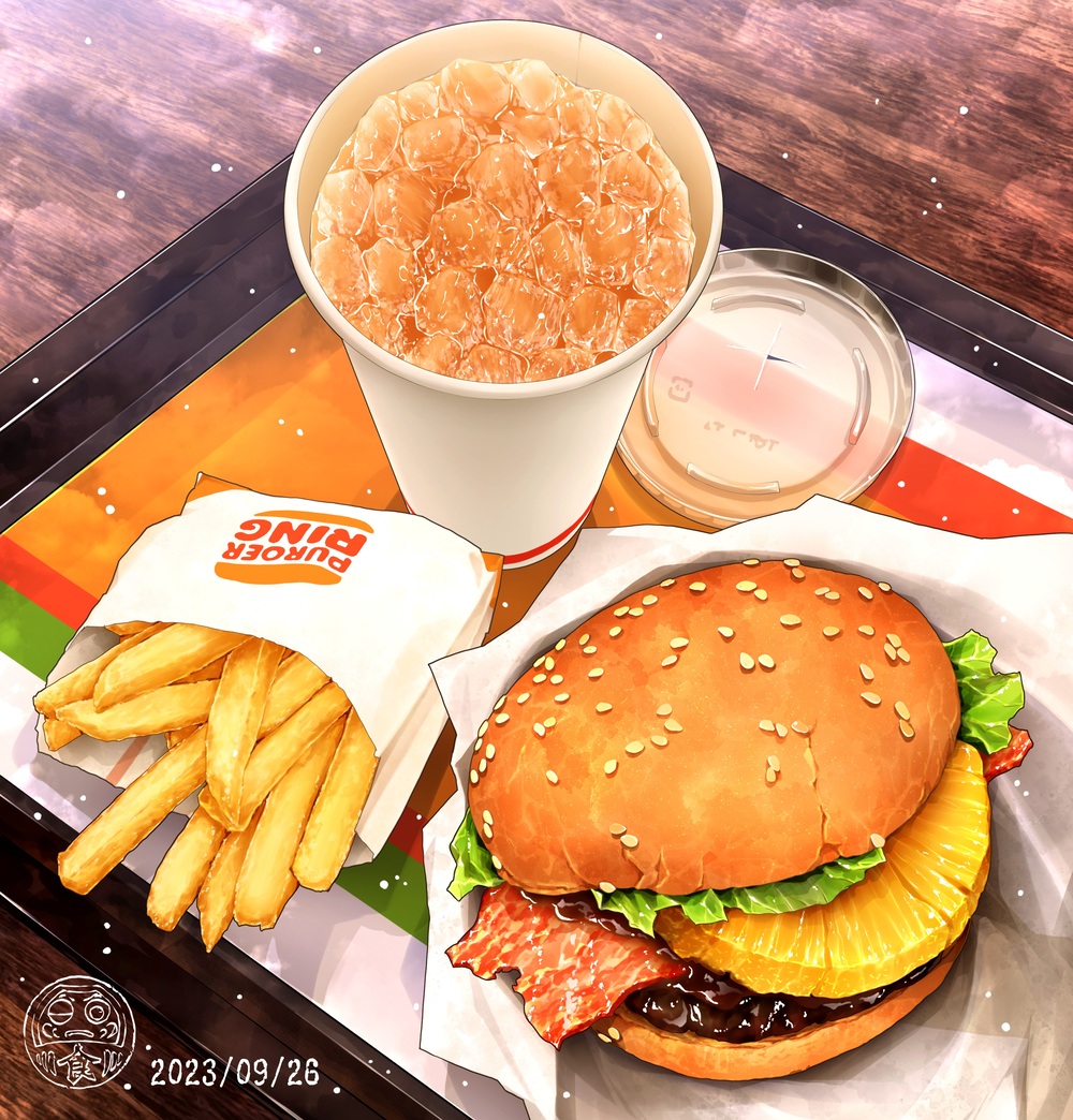 artist_logo, bacon, brand_name_imitation, burger, burger_king, commentary_request, cup, dated, disposable_cup, fast_food, food, food_focus, french_fries, fruit, meat, no_humans, ooranokohaku, original, pineapple, pineapple_slice, soda, still_life, table, tray, wooden_table