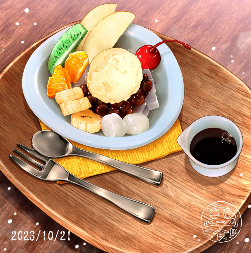 adzuki_bean, anmitsu_(dessert), artist_logo, banana, banana_slice, cherry, commentary_request, dated