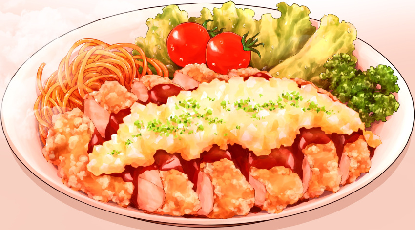 broccoli, cherry_tomato, commentary_request, cutlet, food, food_focus, highres, lettuce
