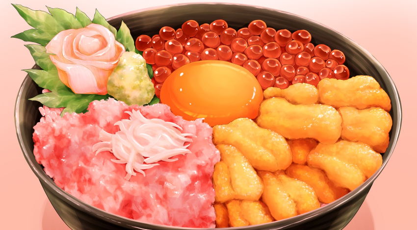commentary_request, egg_yolk, fish_(food), food, food_focus, highres, ikura_(food), no_humans, ooranokohaku, original, still_life, table, uni_(food), wasabi, wooden_table