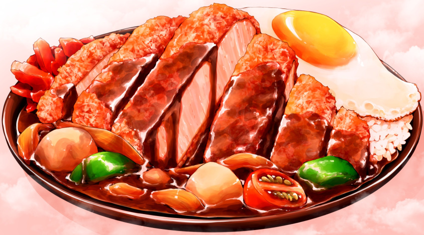 carrot, cherry_tomato, commentary_request, curry, cutlet, food, food_focus, fried_egg