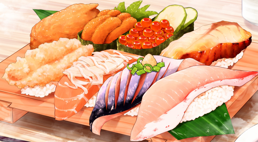 commentary_request, fish_(food), food, food_focus, highres, ikura_(food), no_humans, ooranokohaku, original, rice, still_life, sushi, sushi_geta, table, uni_(food), wooden_table