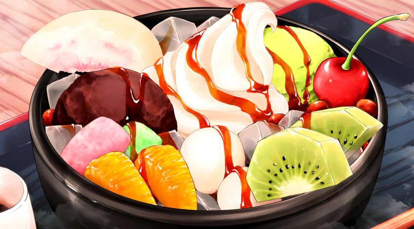 anmitsu_(dessert), cherry, commentary_request, food, food_focus, fruit, highres, ice_cream, kiwi_(fruit), matcha_(food), no_humans, ooranokohaku, original, soft_serve, still_life, syrup, table, wooden_table