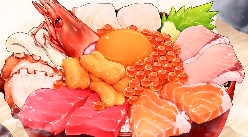 commentary_request, donburi, egg_yolk, fish_(food), food, food_focus, highres, ikura_(food), no_humans, ooranokohaku, original, seafood, shrimp, still_life, table, uni_(food), wooden_table