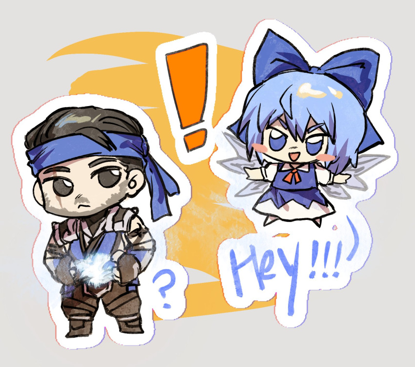 !, 1boy, 1girl, :<, ?, black_eyes, black_hair, blue_bow