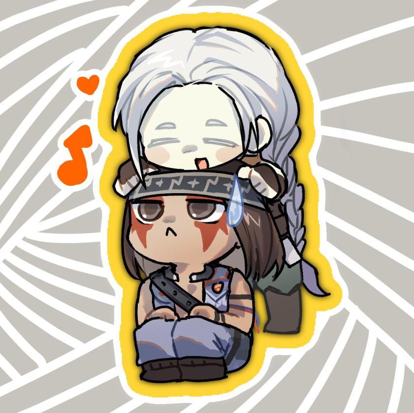 2boys, :<, black_headband, blue_pants, blue_vest, brown_eyes, brown_hair, chibi