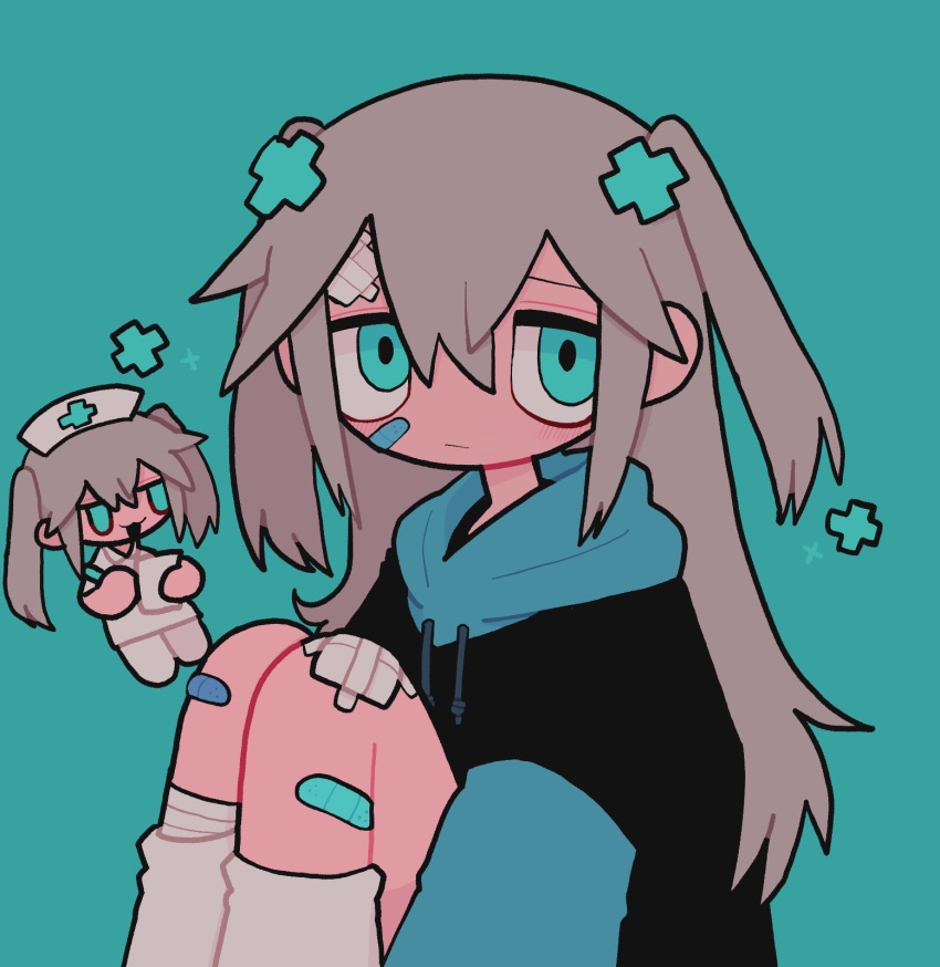 1girl, alternate_costume, alternate_hairstyle, aqua_background, aqua_eyes, aqua_sleeves, bandaged_leg, bandages