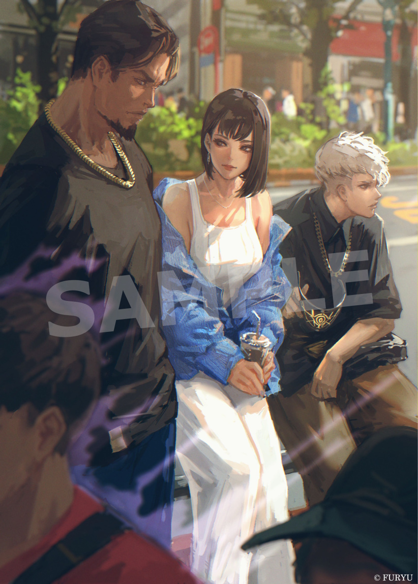 1girl, 4boys, absurdres, bare_shoulders, black_hair, black_shirt, character_request, city