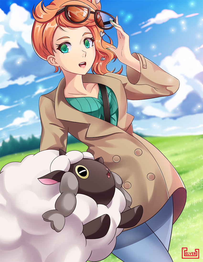 1girl, adjusting_eyewear, aqua_eyes, aqua_nails, aqua_shirt, breasts, brown_coat, coat