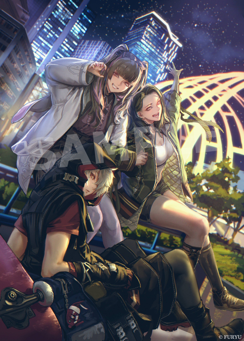 1boy, 2girls, absurdres, arm_up, black_hair, building, character_request, city, commentary_request, grey_hair, highres, hood, hood_up, hooded_jacket, jacket, jirai_kei, kaburagi_yasutaka, long_hair, looking_at_viewer, multiple_girls, night, official_art, outdoors, reynatis, sample_watermark, sitting, sky, smile, star_(sky), starry_sky, watermark