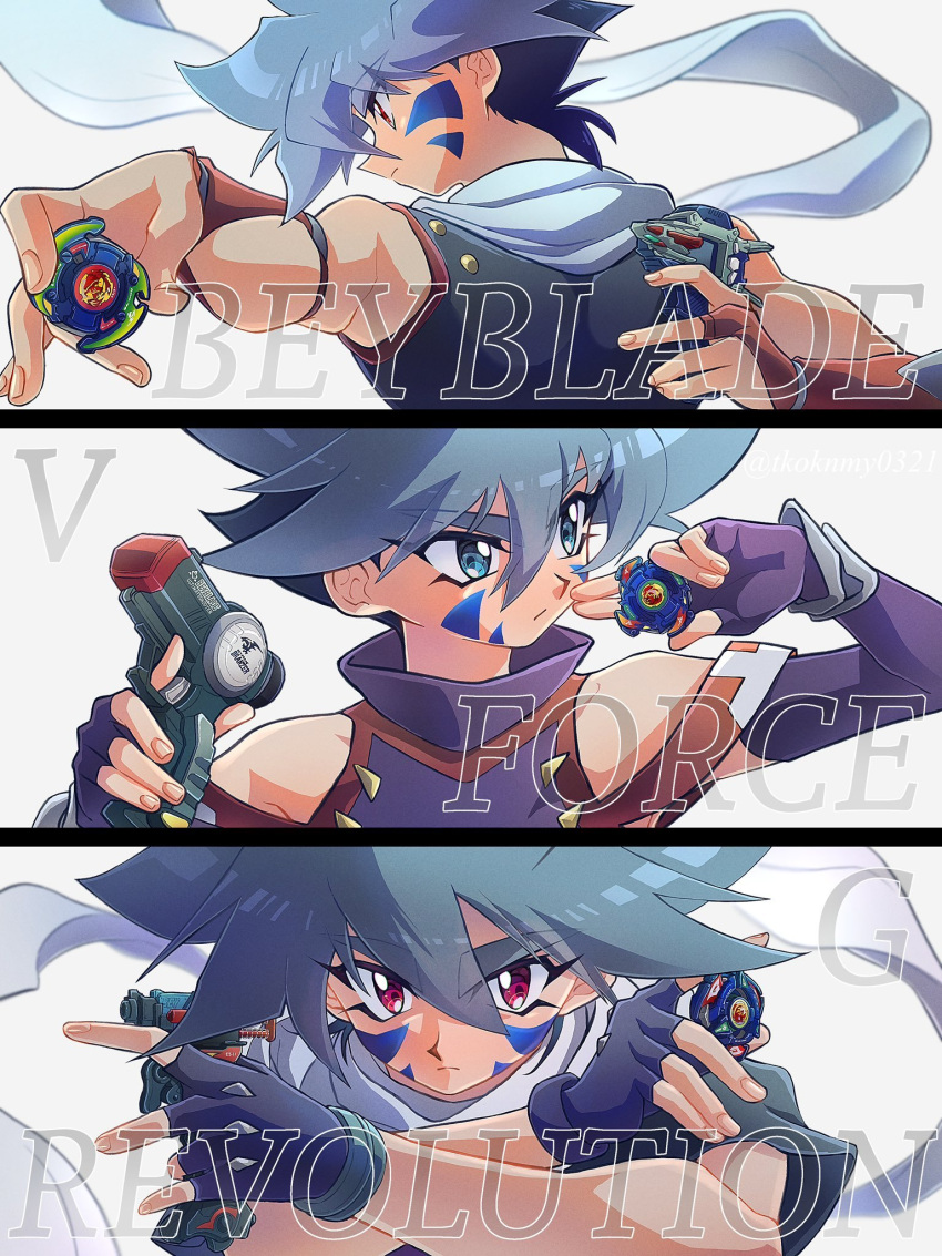 1boy, bakuten_shoot_beyblade, bare_shoulders, beyblade, beyblade_(object), copyright_name, facial_mark, fingerless_gloves, gloves, highres, hiwatari_kai, holding, male_focus, medium_hair, multiple_views, scarf, tkoknmy0321, upper_body, white_scarf