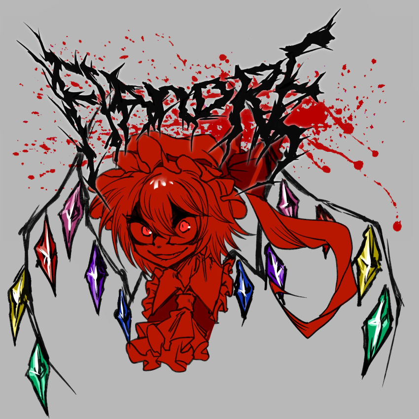 1girl, ascot, blood, blood_splatter, character_name, commentary_request, cropped_torso, crystal, flandre_scarlet, goushen0309, grin, hair_between_eyes, hat, highres, looking_at_viewer, medium_bangs, metal_band_text, mob_cap, red_theme, short_hair, simple_background, smile, solo, touhou, wings