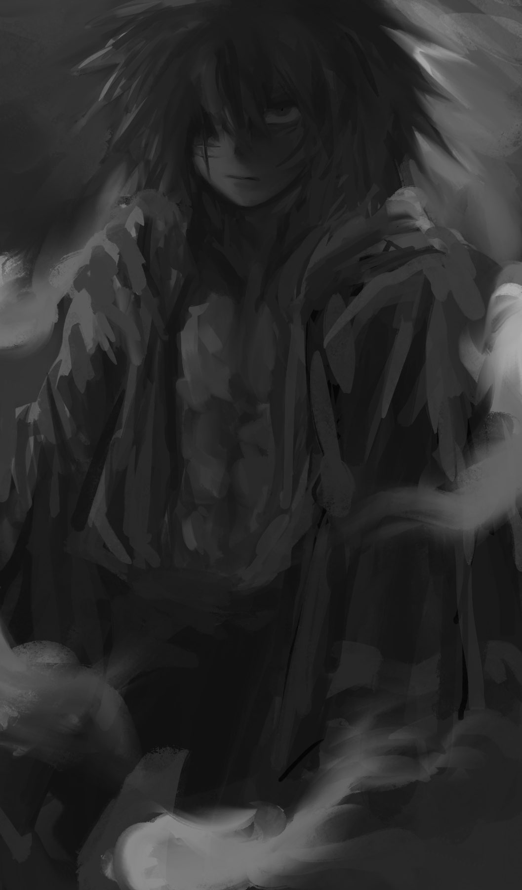 1boy, closed_mouth, cowboy_shot, expressionless, goushen0309, greyscale, hair_between_eyes, hair_over_one_eye