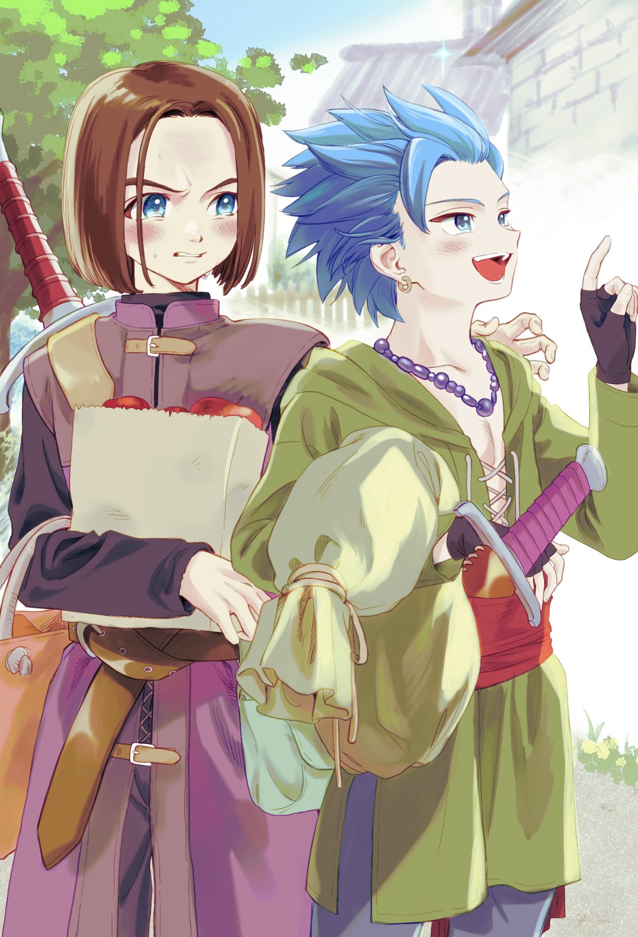 2boys, apple, arm_behind_back, bag, bead_necklace, beads, belt, belt_buckle