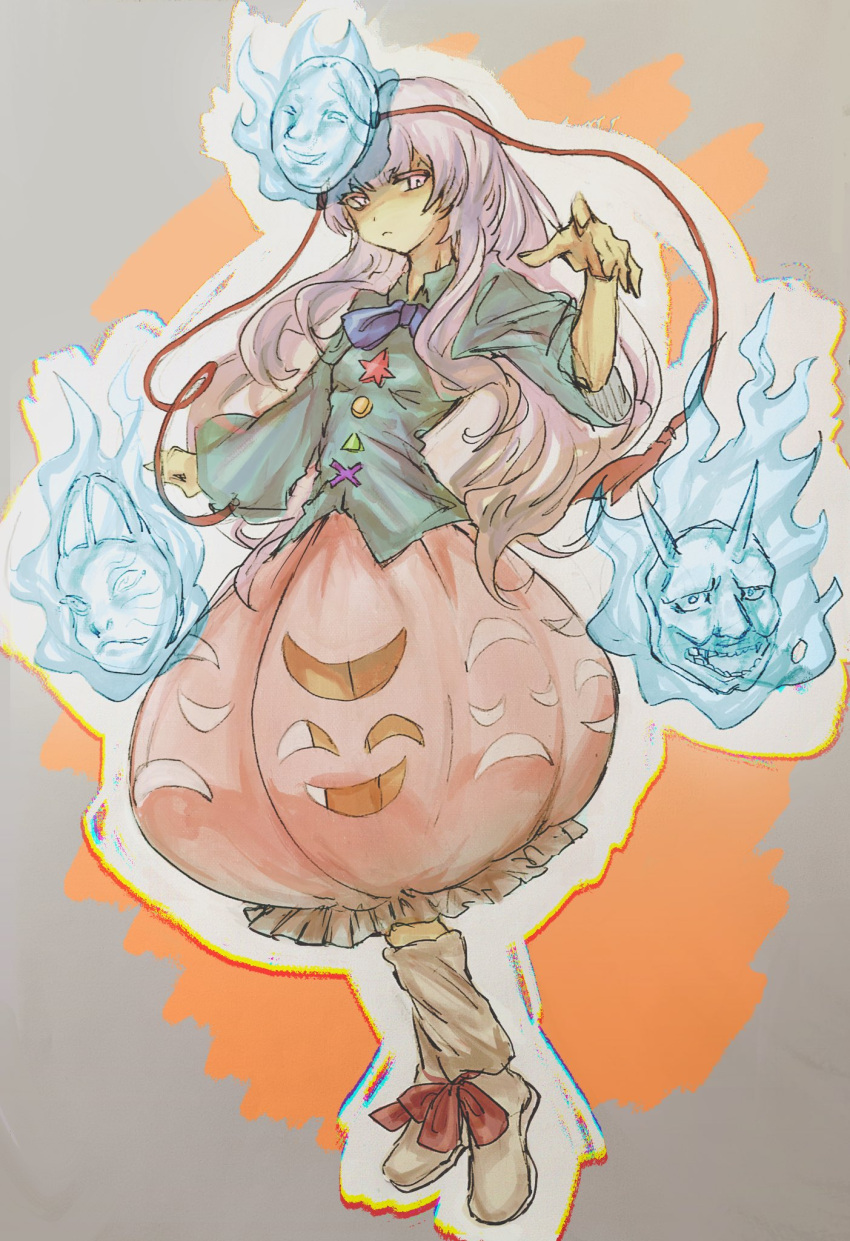 1girl, blue_bow, blue_bowtie, blue_fire, blue_shirt, bow, bowtie, bubble_skirt, buttons, circle, closed_mouth, collared_shirt, commentary, commentary_request, expressionless, fire, fox_mask, full_body, goushen0309, hata_no_kokoro, highres, long_hair, long_sleeves, looking_at_viewer, mask, mask_on_head, medium_bangs, multicolored_buttons, noh_mask, oni_mask, pink_eyes, pink_hair, pink_skirt, shirt, shoes, skirt, socks, solo, star_(symbol), symbol-only_commentary, touhou, triangle, white_footwear, white_socks, x