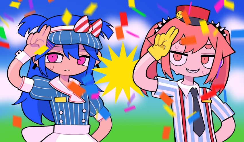 2girls, apron, back_bow, black_necktie, blue_dress, blue_hair, blue_hat, blurry, blurry_background, bow, buttons, closed_mouth, collared_shirt, dress, earrings, frown, hair_between_eyes, hat, highres, iiiichimaru_03_(style), jewelry, jitome, konton_boogie_(vocaloid), looking_at_viewer, mesmerizer_(vocaloid), multiple_girls, necktie, parody, periwxinkle, pink_eyes, pink_hair, pinstripe_dress, pinstripe_hat, pinstripe_pattern, puffy_short_sleeves, puffy_sleeves, red_hat, red_suspenders, sharp_teeth, shirt, short_sleeves, sidelocks, smile, songover, striped_clothes, striped_dress, striped_headwear, striped_shirt, style_parody, sweat, teeth, thick_eyebrows, twintails, two_side_up, v_over_head, vertical-striped_clothes, vertical-striped_dress, vertical-striped_headwear, vertical-striped_shirt, visor_cap, vocaloid, white_apron, white_bow, yamada_perfect_(vocaloid)